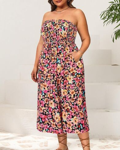 Pinup Fashion Plus Size Swimsuit Cover Ups Women Strapless Midi Sundress with Pockets in Saudi Arabia