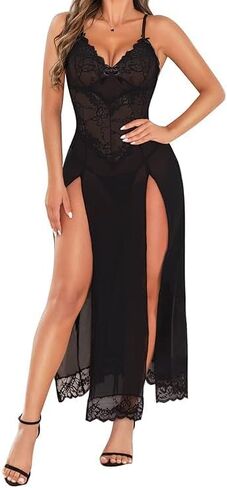 Women Lingerie Lace Babydoll High Split Maxi Long Gown V Neck Mesh Sleepwear Sexy Babydoll Lingerie in Saudi Arabia
