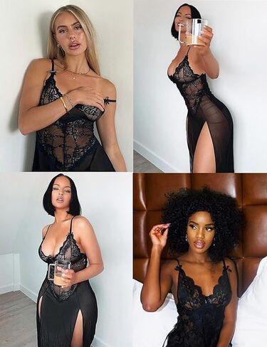 Women Lingerie Lace Babydoll High Split Maxi Long Gown V Neck Mesh Sleepwear Sexy Babydoll Lingerie in Saudi Arabia