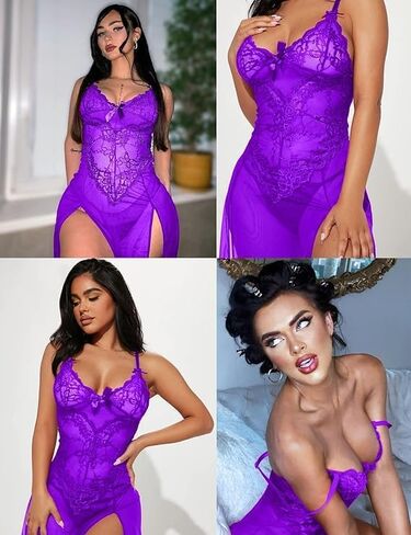 Women Lingerie Lace Babydoll High Split Maxi Long Gown V Neck Mesh Sleepwear Sexy Babydoll Lingerie in Saudi Arabia