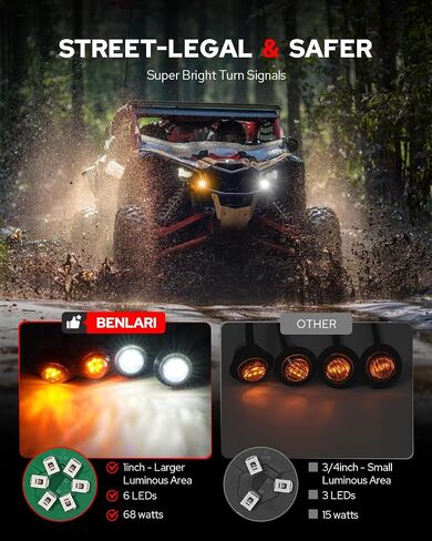 Benlari UTV ATV Turn Signal Kit - LID AMBER/WHITE LED AMBER ، وأكثر إشراقًا ، مصباح البريز المدخن ، وأصبحت صوتًا بصوت عالٍ 110 ديسيبل - مجموعة إشارة الدوران العالمي لـ UTV ATV (مقعدين و 4 مقعدين) in Kuwait