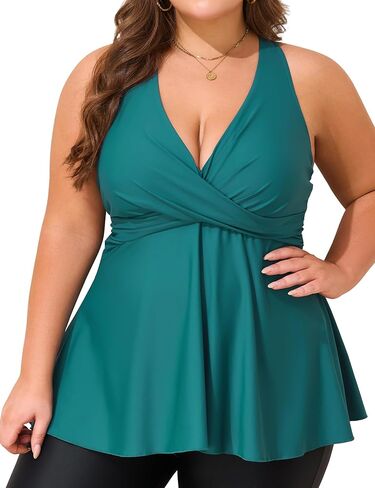 Hilor Women's Underwire Tankini Top Swimsuits V Neck Crossover Swim Tops Flared Flowy Tankini Bathing Suits Tops in Saudi Arabia