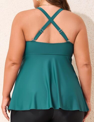 Hilor Women's Underwire Tankini Top Swimsuits V Neck Crossover Swim Tops Flared Flowy Tankini Bathing Suits Tops in Saudi Arabia