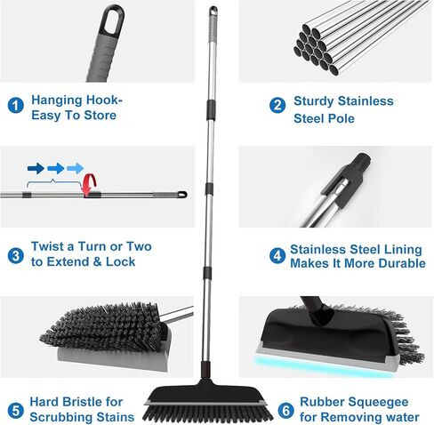 ITTAR 12" Wide Multi-Purpose Floor Scrub Brush with Long Handle, 2-in-1 Extendable Shower Scrubber Brush, Tub and Tile Cleaning Brush for Kitchen Floor, Grout, Deck, Pool, Patio, Garage in Saudi Arabia