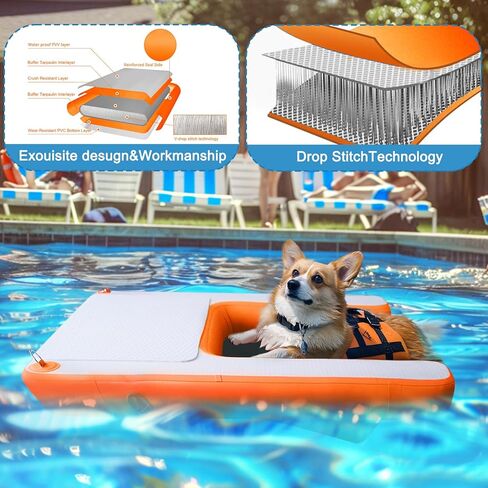 منحدر حمام السباحة للكلاب والجرو وأرصفة المياه ولوح هزلي قابل للنفخ سلم عائم ومنحدر الجرو المحمول لبحيرة حمام السباحة الداخلية (4.6 قدم × 3.3 قدم × 4 بوصة، برتقالي) in Kuwait