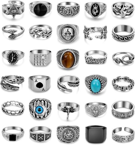 30pcs Punk Ring للرجال نساء بارد خمر خاتم الفضة القوطية القوطية حلقة حلقة حزمة قابلة للتكديس قابلة للتكديس ثعبان الأفعى حلقة العين in Kuwait
