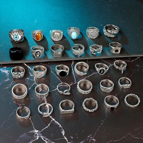 30pcs Punk Ring للرجال نساء بارد خمر خاتم الفضة القوطية القوطية حلقة حلقة حزمة قابلة للتكديس قابلة للتكديس ثعبان الأفعى حلقة العين in Kuwait