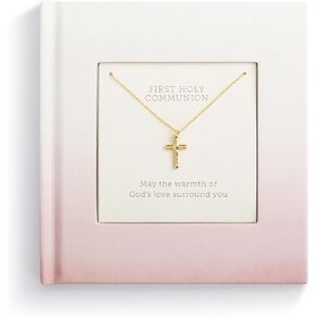 DEMDACO Tender Blessings 14 Karat Gold Plated Boxed Keepsake Book and Fashion Necklace 2 Piece Set Pink and White First Communion