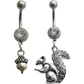 Squirrel and Pine Cone Pendant Dangle Belly Rings, Beach Vocation Surgical Stainless Steel 14 Gauge Navel Barbell Ring, Cute Piercing Body Jewelry for Man Woman