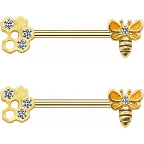 Fuqimanman2020 2Pcs Butterfly Flower 14G Stainless Steel Piercing Nipple Rings Set Bee Flower Straight Barbell Cubic Zirconia CZ Butterfly Wings for Women Bar Body Jewelry