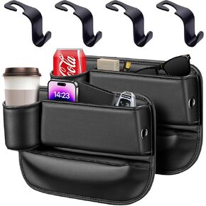 2 Pack Premium Leather Car Seat Gap Filler Organizer - Universal Fit Anti-Drop Storage with Card Slots, Center Console Organizer Accessories for SUV/Truck/Sedan, Men & Women (Black) with 4 Hook