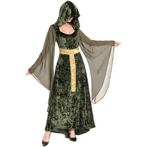 Womens Medieval Dress Hooded Costume Green Black Lace Up Renaissance Cloak Vintage Long Velvet Gown Dress Halloween