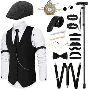 Elegant 18PCS Mens 1920s Gatsby Custome Outfits Vest and Hat Accessories for Roring 20's 30's Themed Party