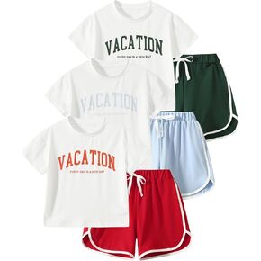 Girls 6 Piece Outfits Letter Print Vacation Tee Top and Dolphin Shorts Tracksuit Sets for Kids Sports, Casual, Dance