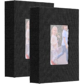uxcell 2Pcs Small Photo Album, 4x6 Inch Linen Cover Pockets Photo Book, Slip-in Picture Albums with Display Window Holds 26 Page 52 Photos for Wedding Family Anniversary, Black