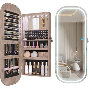 LVSOMT 16" Wide LED Mirror Jewelry Cabinet, Wall Mount/Over the Door Jewelry Armoire Organizer, Rounded Hanging Full Length Lighted Mirror with Storage, Foldable Shelf,Interior Mirror, Rustic Brown