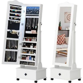 soges Jewelry Cabinet Armoire Freestanding, Lockable Jewelry Organizer with 4-position Adjustable Angle, Wheels, Full-length Mirror, Bottom Drawer, Jewelry Storage Box for Living Room Bedroom, White