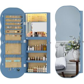 HNEBC LED LED MIRROR Jewelry Fabrict ، الجدار أو المجوهرات المثبتة على الأبواب المنظم مع الأضواء ، مرآة متموجة قابلة للقفل مع التخزين ، 42.5 "L مرآة كاملة الطول مع تخزين المجوهرات ، مرآة داخلية