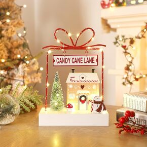 ديكور عيد الميلاد منضدة ، زخارف مضاءة خشبية ، زينة طاولة داخلية تديرها البطارية (Candy Cane Lane & Giftbox)