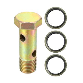 Double Banjo Bolt Kit, M16x1.5 Length 54mm Metric Thread Turbo Brake Line Fitting Adapter Universal for Car Durable Metal Bronze Tone W/Washer Spacer