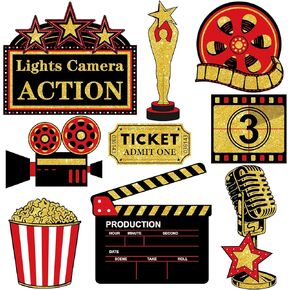 Hooqict 45 Pieces Movie Party Decorations Red Carpet Party Cutouts Cards with Glue Point Dots for Red Black and Gold Props Movie Night Supplies