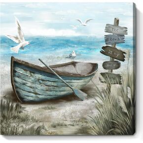 الحمام جدار الفن الديكور الساحلي القارب البحري على شاطئ القماش الصورة المحيط Seagull Seagules Canvas طباعة البحر Bird Farmhouse الفنية لغرفة نوم Seashore غرفة المعيشة صغيرة مربع الأزرق Teal 14x14 "