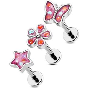 OUFER 3PCS Pink Cartilage Earrings Studs, 16G Helix Piercing Jewelry, Cute Star Butterfly Flower Flat Back Internally Threaded Tragus Helix Cartilage Earrings for Womenn-6MM