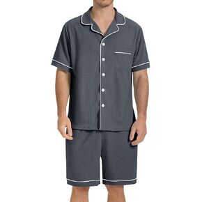 Sioro Mens Pajamas مجموعة وافل متماسكة الأكمام قصيرة زر النوم أسفل PJS تعيين 2 قطعة ملابس ليلية مع جيوب