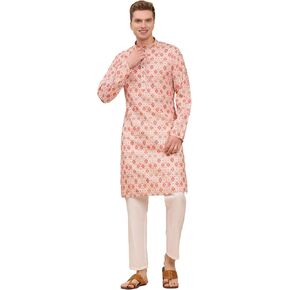 Mens Indian Traditional Cotton Kurta Sets, Men Printed Kurta Set Indian Wedding Dress (A-124)