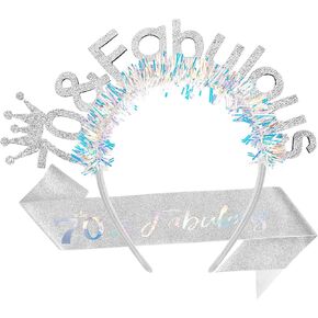 AOPRIE 70 & Fabulous Birthday Sash for Women Birthday Tiara & Crowns Headbands for Girls Happy Birthday Accessories Favor Supllies Silver, 2 Pack