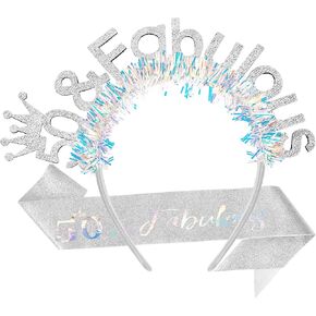AOPRIE 50 & Fabulous Birthday Sash for Women Birthday Tiara & Crowns Headbands for Girls Happy Birthday Accessories Favor Supllies Silver, 2 Pack