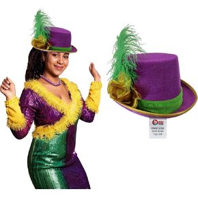 Nicky Bigs Novelties Mardi Gras Top Hat With Feather Costume Accessories - Purple Mardi Gras Hats - Dress up Headwear for Women Men - Party Supplies