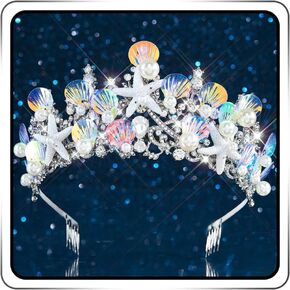 JEAIRTS Starfish Bride Wedding Tiaras and Crowns Silver Sparkly Rhinestone Pearl Headpiece Shell Bridal Hair Accessories for Women