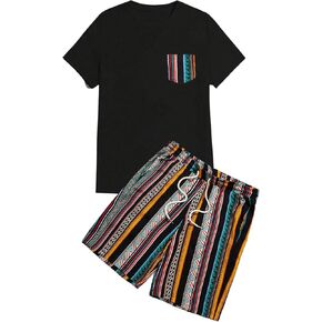 Floerns Men's 2 Piece Tracksuit Sets Summer Boho Print Short Sleeve Tee Shirt and Striped Short Sets