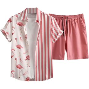 Men's 2 Piece Short Set Button Down Tropical Shirts and Drawstring Waist Beach Shorts Vacation Outfits