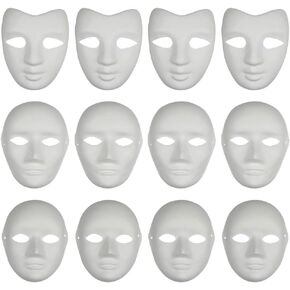 12PCS Paper Mache Art Mask White DIY Full Face Masks Blank Paintable Mask Costume for Mardi Gras Cosplay Masquerade Dance Party