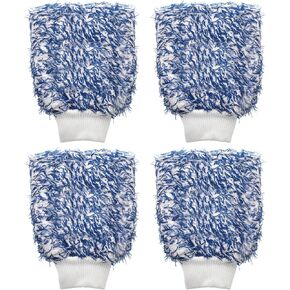 HARFINGTON 4pcs Microfiber Car Wash Mitts 10" x 8" Scratch Free Wash Gloves Absorbent Double Sided Plush Cleaning Drying Mitts for Car Washing Home Clean Blue White