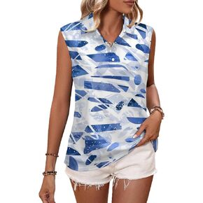 Womens Light Blue Sleeveless Golf Shirt Athletic Tank Tops Ladies Casual Summer Blue and White Golf Wear Polo Tennis Shirts for Women M