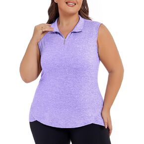 Koscacy Women's Plus Size Sleeveless Golf Tennis Polo Shirts Zip Up Dry Fit Workout Tank Tops Athletic Shirt
