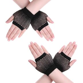 2 Pairs Fishnet Gloves,Mesh Gloves Short Fishnet Fingerless Gloves 80s Short Stretch Black Fish Net Fingerless Gloves for Women