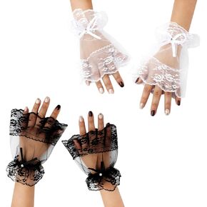 Lace Cuffs Wrist Ruffles Cuffs Gloves White Black 2 Pairs Vintage Elastic Bracelet Bridal Gloves Wedding Opera Tea Party Costume Accessories