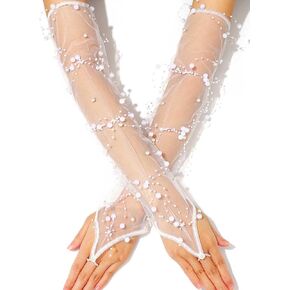 White Long Fingerless Gloves Bridal Pearl Sheer Arm Sleeves for Women