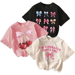 SHENHE Girl's 3 Pack Cute Graphic Tees Cherry Bow Print Aesthetic Short Sleeve Shirt Tops