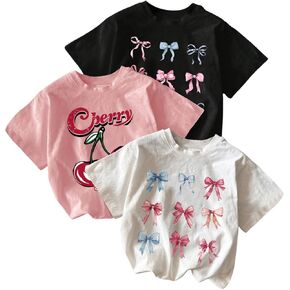 SHENHE Girl's 3 Pack Cute Graphic Tees Cherry Bow Print Aesthetic Short Sleeve Shirt Tops in Saudi Arabia
