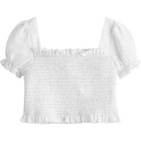 Milumia Girl's Shirred Frill Trim Blouse Square Neck Puff Short Short