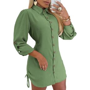 Women Shirt Dress Sexy Long Sleeve Button Down Blouses Side Drawstring Mini Dresses