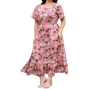 Theenkoln Womens Plus Size Dresses Floral Print Short Sleeve Square Neck Tie Front Slit Hem Maxi Dresses with Pockets