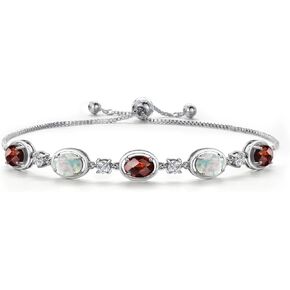 925 Sterling Silver Red Garnet and Simulated White Opal and Moissanite Tennis Bracelet For Women | 5.00 Cttw | Gemstone January Birthstone | Oval Checkerboard 7X5MM | Fully Adjustable 10 Inch