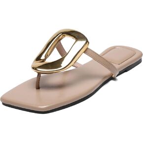 Flip-Flops Sandals for Women Comfortable Open Square Toe Slip on Beach Thong Sandals Casual Fashion Ladies Slipper Dressy Metal Decoration Summer Shoes.
