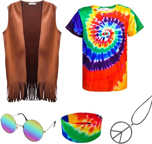 Hippie Costume for Men 60s 70s Fringe Vest Colorful T-shirt Set Carnival Party Tassel Vest Hippy Halloween Costume in Saudi Arabia
